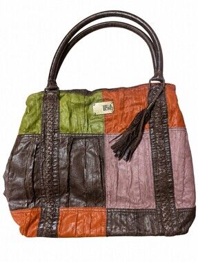 Billabong Patchwork Leather Tote Bag Brown Orange Green Tassel Shoulder Purse
